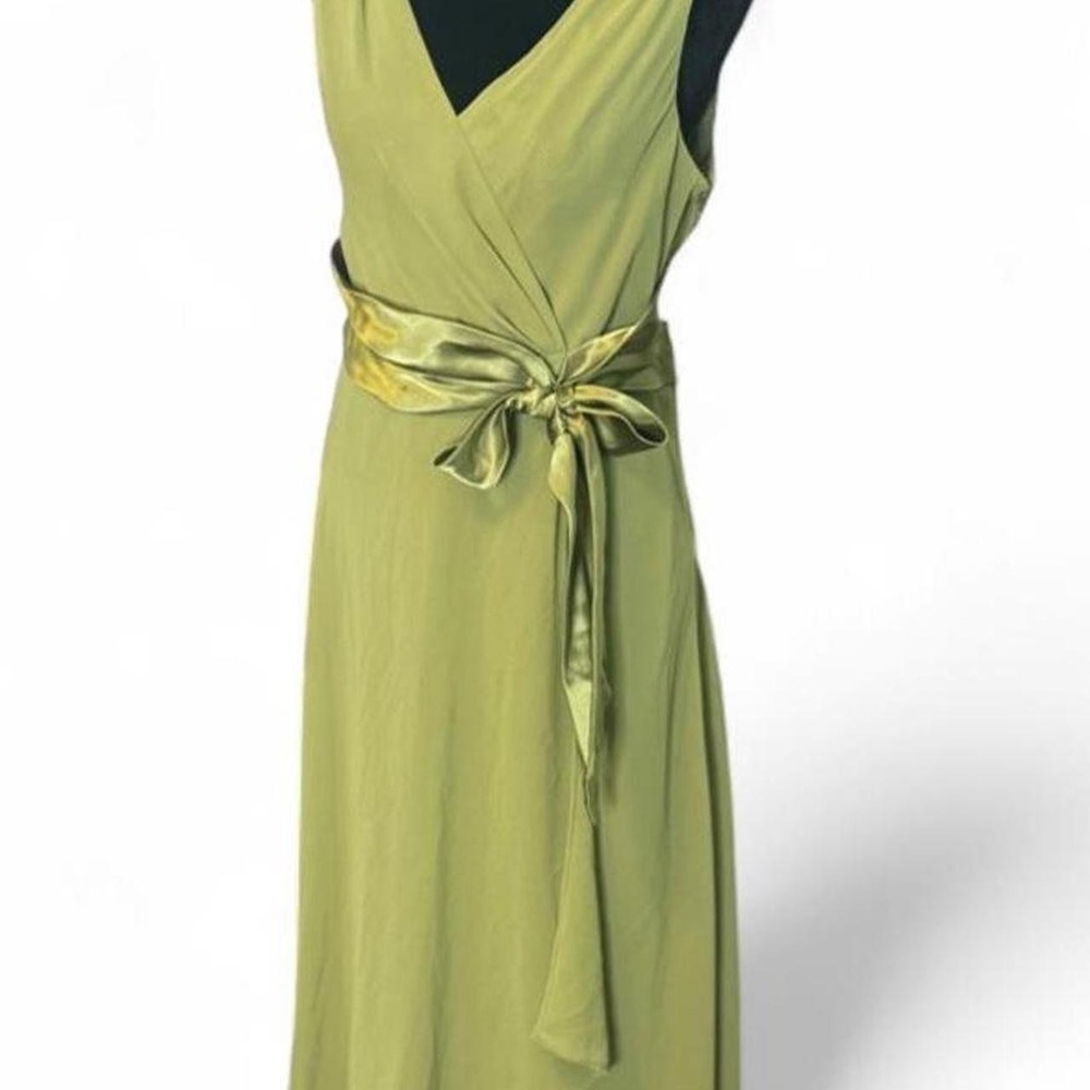 Jones Studio Vintage Y2K Chartreuse Green Wrap Midi Dress Satin Tie Waist 14